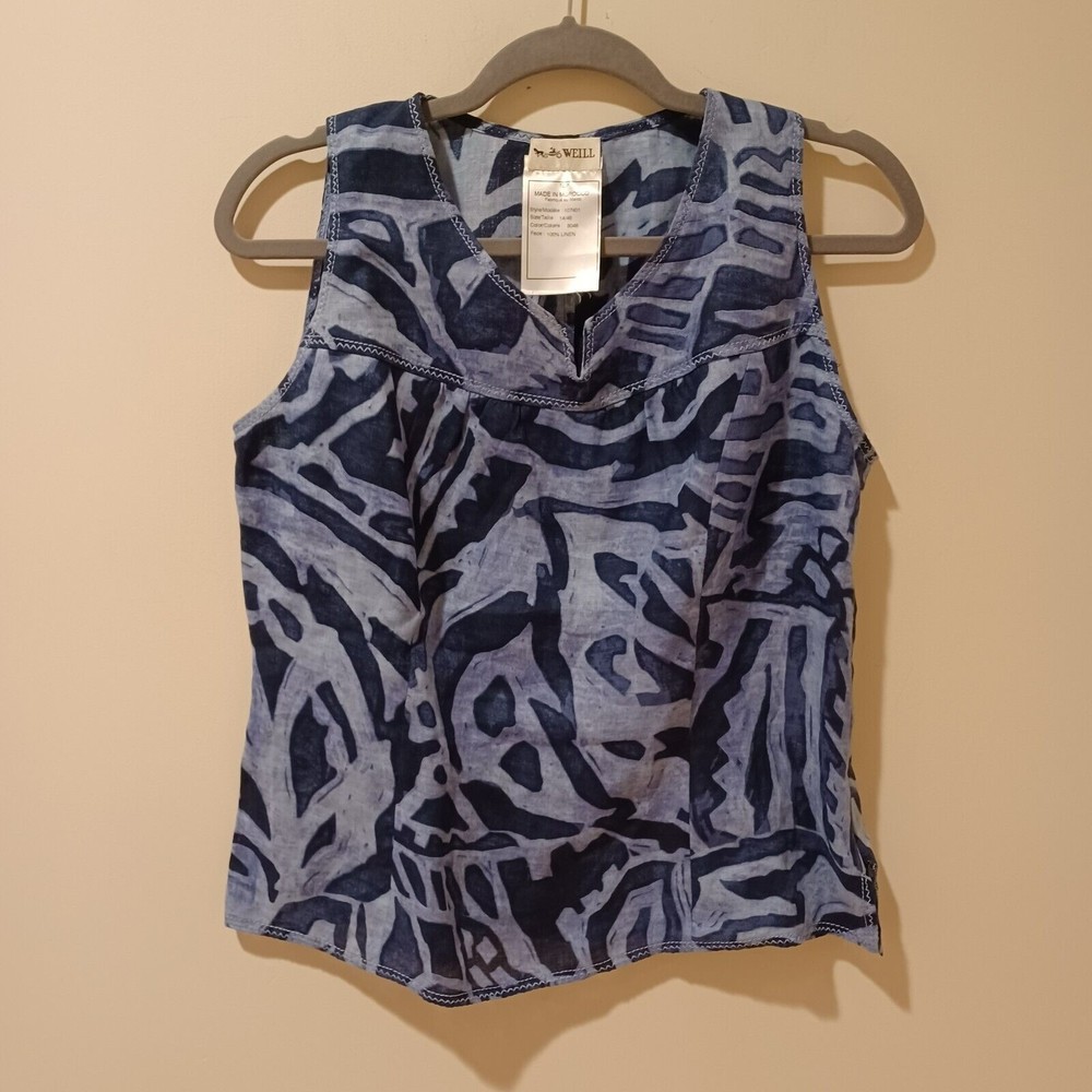 Vintage WEILL Paris 100% Linen Navy Blue Sleeveless Top Size US 14